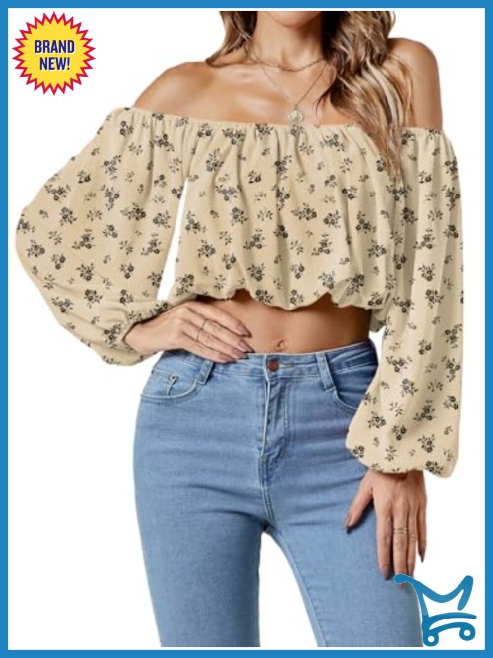 Off Shoulder Crop Top Puff Long Sleeve Ruched Blouse Polyester Spandex